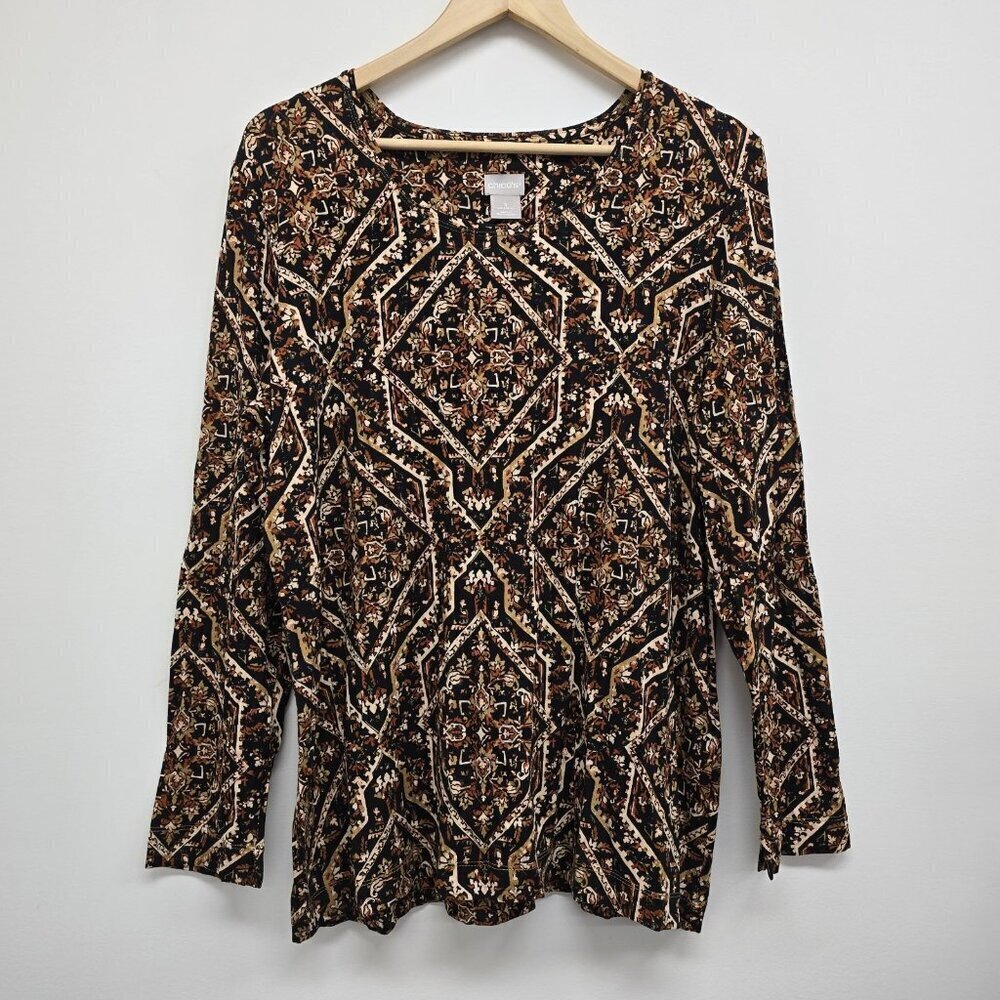 Chicos Floral Blocked Layering Blouse Top Size XL Warm Tones Long Sleeve Stretch